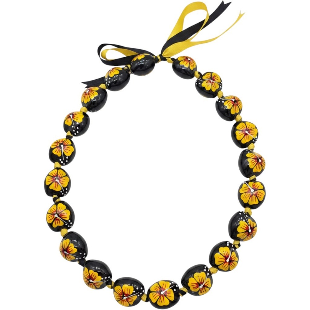 Hand Painted Kukui Nut Lei Necklace Black Yellow Hibiscus Floral Hawaiian Luau